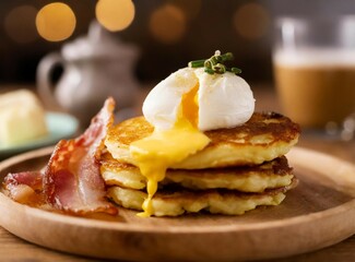 English breakfast closeup, hotcakes with bacon and egg