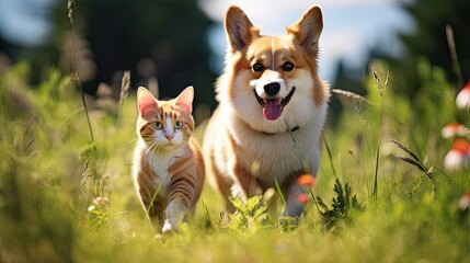 essence of summer joy with a red cat and corgi dog, happily walking in a sunlit meadow.