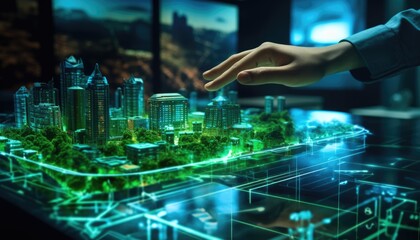 Human touching a advanced technology based on hologram light with greenery city, eco-friendly city on a city background with hologram network icons for energy source research, renewable energy concept
