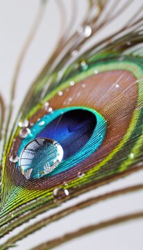 Glowing water drop adorns vibrant peacock feather, baby animals image