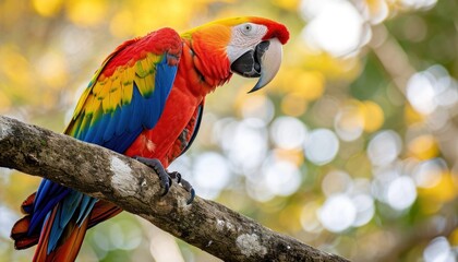 Colorful macaw perches on a tree branch, baby animals image