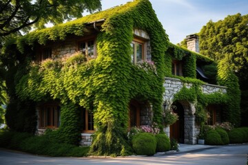 Fototapeta na wymiar A picturesque house covered in lush vines and vibrant flowers basking in the sunlight, An idyllic country house with vine-covered walls, AI Generated