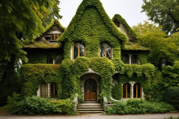A picturesque house adorned with lush vines and ivies creating a captivating, natural faÃ§ade, An idyllic country house with vine-covered walls, AI Generated