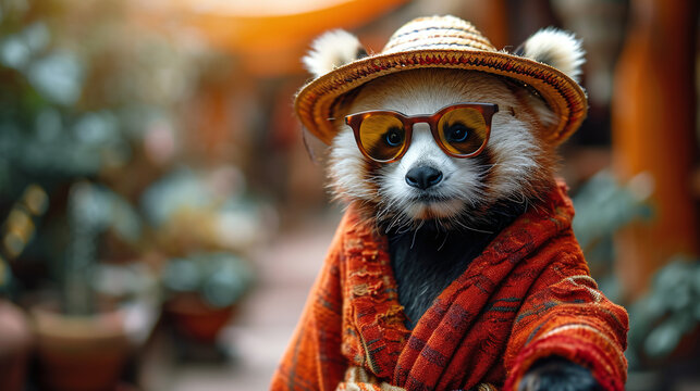 Raccoon in a robe, cool glasses and a round hat on a blurred background
