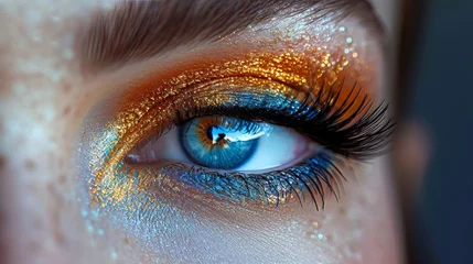 Foto op Aluminium Woman eye make up with blue eyes and blue orange makeup © Nico
