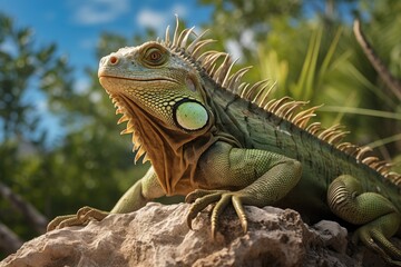 Obraz premium This image showcases a detailed view of a lizard basking on a rock in its natural habitat, An iguana basking in the sun on a rocky terrain, AI Generated