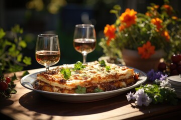 Family shares lasagna at Sunday lunch., generative IA