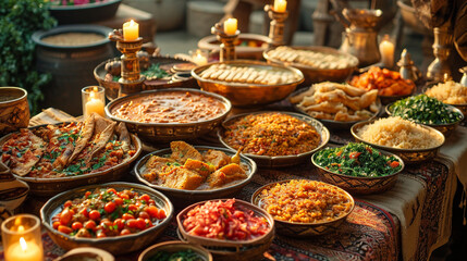 A captivating image of a traditional Ramadan iftar table, adorned with a rich variety of delicious Middle Eastern dishes, beautifully arranged in the warm glow of candlelight, evok