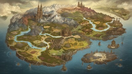 A complex and detailed fantasy world map featuring diverse landscapes, civilizations, and geographical elements - Generative AI