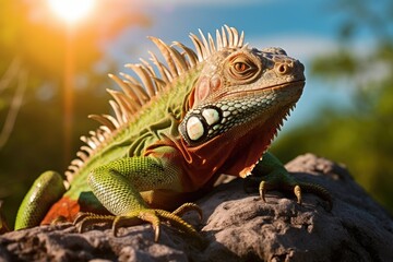 Obraz premium A detailed photograph capturing the close-up view of a lizard comfortably perched on a rock in its natural habitat, An iguana basking in the sun on a rocky terrain, AI Generated