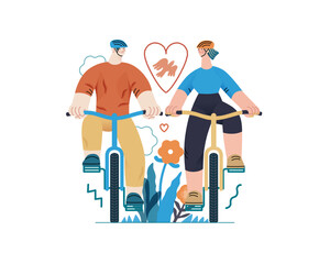 Valentine: Tandem Journey - modern flat vector concept illustration of a couple riding the bicycles together. Metaphor for the synchronized journey of a relationship
