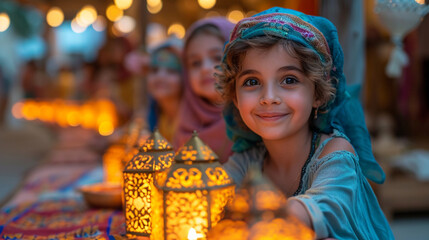 A heartwarming moment of children decorating Ramadan lanterns and enjoying festive treats, their faces lit with joy as they partake in the cultural traditions that make this holy m