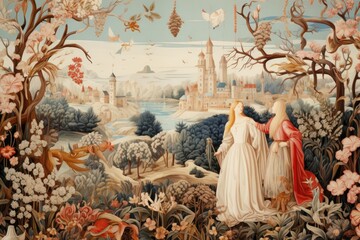 A painting featuring two women standing in a serene forest setting, An illustrative story told through elegant tapestry, AI Generated - Powered by Adobe