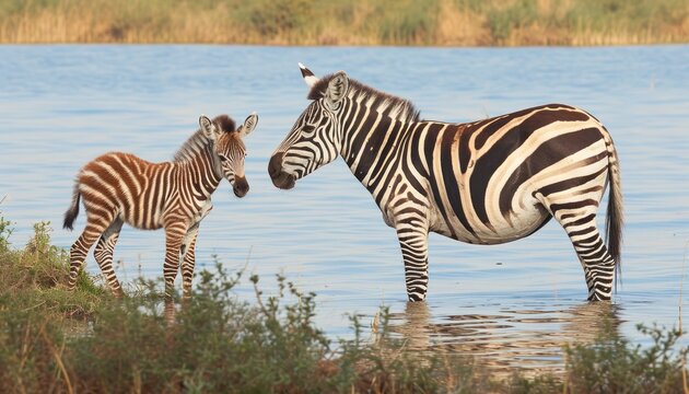 Mother zebra and foal enjoy the water by the lake, baby animals image