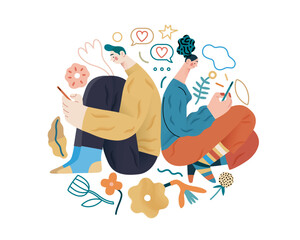 Valentine: Digital Whispers - modern flat vector concept illustration of a couple seated close, messaging each other. Metaphor for the intimacy of modern digital communication