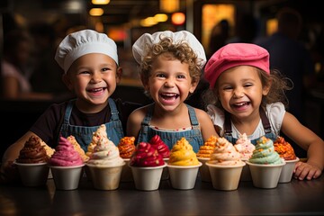 Children create colorful and decorated ice cream in animated cooking class., generative IA