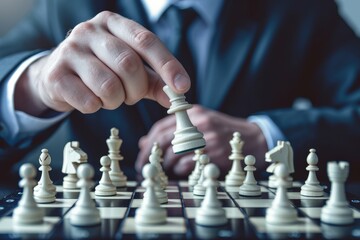 Close-up of Businessman hands moving chess piece on chess board game