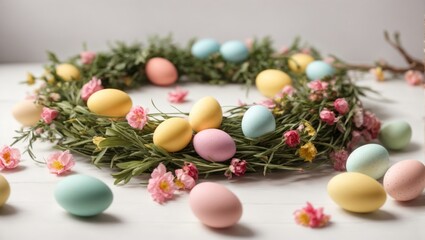 Fototapeta na wymiar Easter wreath with colorful eggs and flowers
