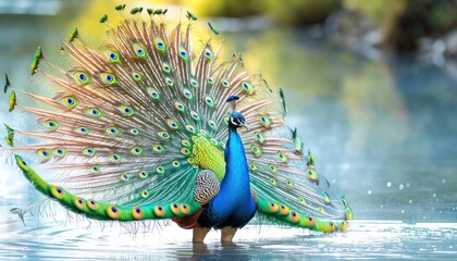Colorful peacock proudly displays vibrant feathers by the water, baby animals picture