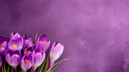Spring crocus. 8-march Day decorations concept flowers on the purple background.
