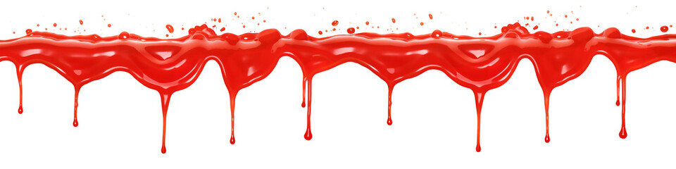 Spreading ketchup is cut on a transparent background. A long streak of spreading ketchup and dangling drops. An overlay to insert into a design or project.