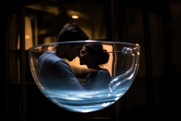 Fototapeta premium A heartfelt and intimate moment shared between a man and a woman as they share a kiss in a bowl, An intimate moment between a couple, captured in the reflection of a coffee cup, AI Generated