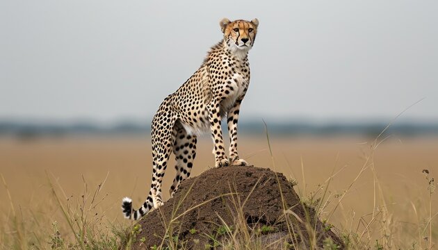 Confident cheetah stands on termite mound in the savannah, majestic big cats image