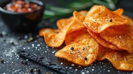 Foto op Plexiglas Freshly made potato crisps with seasoning on a black stone plate © Nico