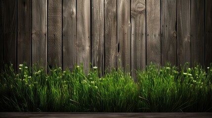 Revitalize your space with fresh spring grass against a rustic wood fence. A harmonious blend of nature and texture, perfect for conveying the essence of outdoor renewal and tranquility.