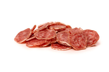 Tasty salami slices isolated on a white background.