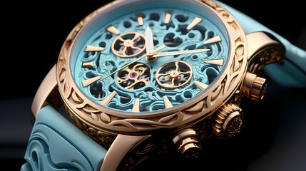 High-end rose gold timepiece surrounded by pastel blue, capturing its intricate details