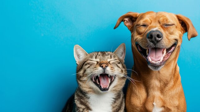 Banner with pets. Dog and cat smiling with happy expression and closed eyes. Isolated on blue colored background