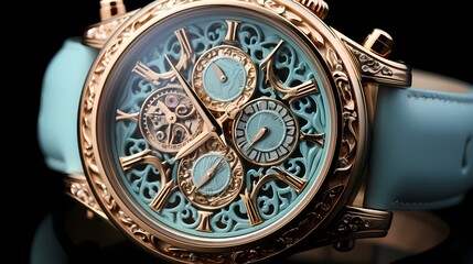 High-end rose gold timepiece surrounded by pastel blue, capturing its intricate details