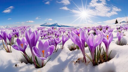 Mesmerizing panorama of purple Crocus flowers defiantly blooming amidst snow. - obrazy, fototapety, plakaty