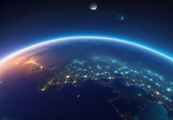 Naklejka premium Panoramic view on planet Earth globe from space. Glowing city lights, light clouds. Generative AI 