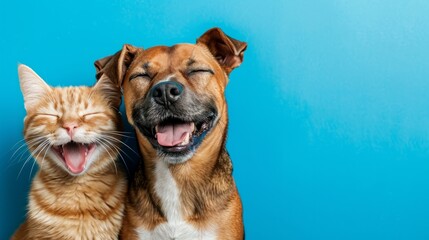 Obraz premium Banner with pets. Dog and cat smiling with happy expression and closed eyes. Isolated on blue colored background