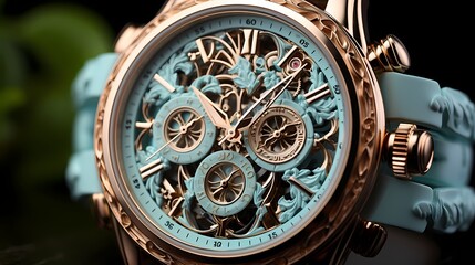 Fototapeta na wymiar High-end rose gold timepiece surrounded by pastel blue, capturing its intricate details