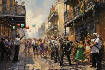A vibrant painting showcasing a diverse group of individuals strolling down a bustling city street during twilight, An Mardi Gras parade with spectators throwing beads, AI Generated