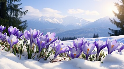 Mesmerizing panorama of purple Crocus flowers defiantly blooming amidst snow.