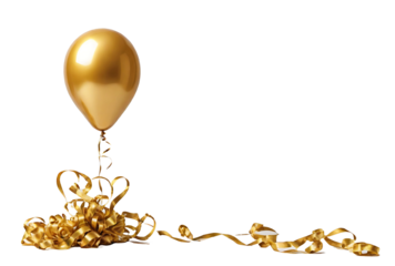Golden balloon and gold ribbons isolated on transparent background. birthday balloon for card, party, design, flyer, poster, decor, banner, web, advertising. png