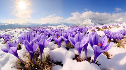 Mesmerizing panorama of purple Crocus flowers defiantly blooming amidst snow.