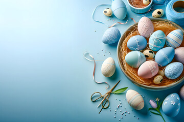 Fototapeta na wymiar Colorful Easter eggs in basket , festive mood