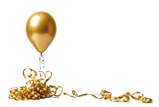 Golden balloon and gold ribbons isolated on transparent background. birthday balloon for card, party, design, flyer, poster, decor, banner, web, advertising. png