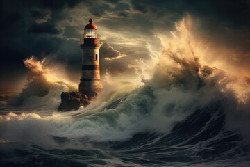 Fototapeta na wymiar A solitary lighthouse valiantly endures massive waves amidst a raging storm at sea, An old lighthouse overlooking a stormy sea, AI Generated
