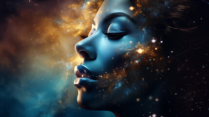 Realistic portrait of a woman, digital art, galaxy, cosmic makeup - obrazy, fototapety, plakaty