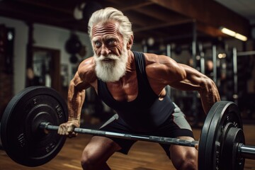 An older man demonstrates strength and dedication as he lifts a barbell in a gym, An old man lifting weights in the gym, AI Generated - obrazy, fototapety, plakaty