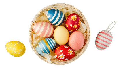 Fototapeta na wymiar Easter eggs in basket top view - isolated