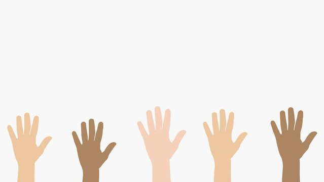 Various races raising their hands. White and Green background for chroma key use