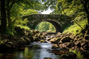 Fototapeta na wymiar A beautiful stone bridge spanning a river, with lush trees on the banks, An old stone bridge over a quiet stream, AI Generated