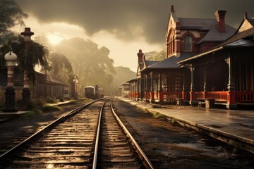 A train moves along the tracks as it passes by a bustling train station, An old Victorian-era railway station, AI Generated - obrazy, fototapety, plakaty